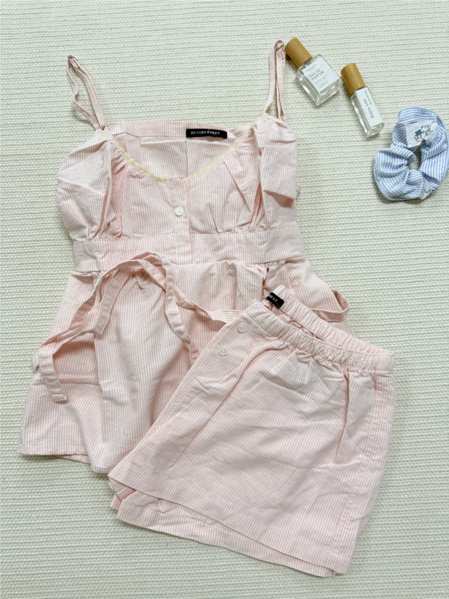 Elastic Lace Trim - Pembe Çizgili Dantel Detaylı Atlet Şort