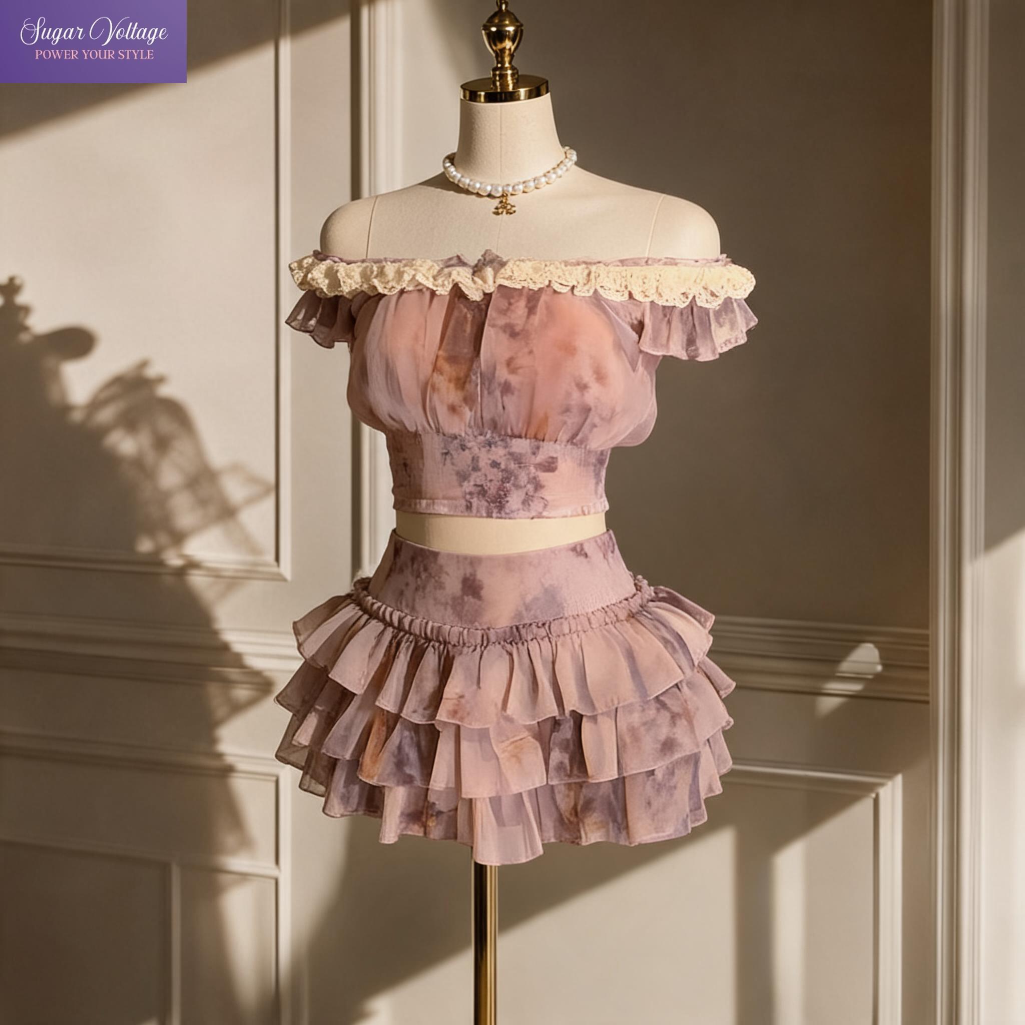 Elastic Lace Trim - Fransız Tatlı Coquette Tarzı Omuzları Açık
